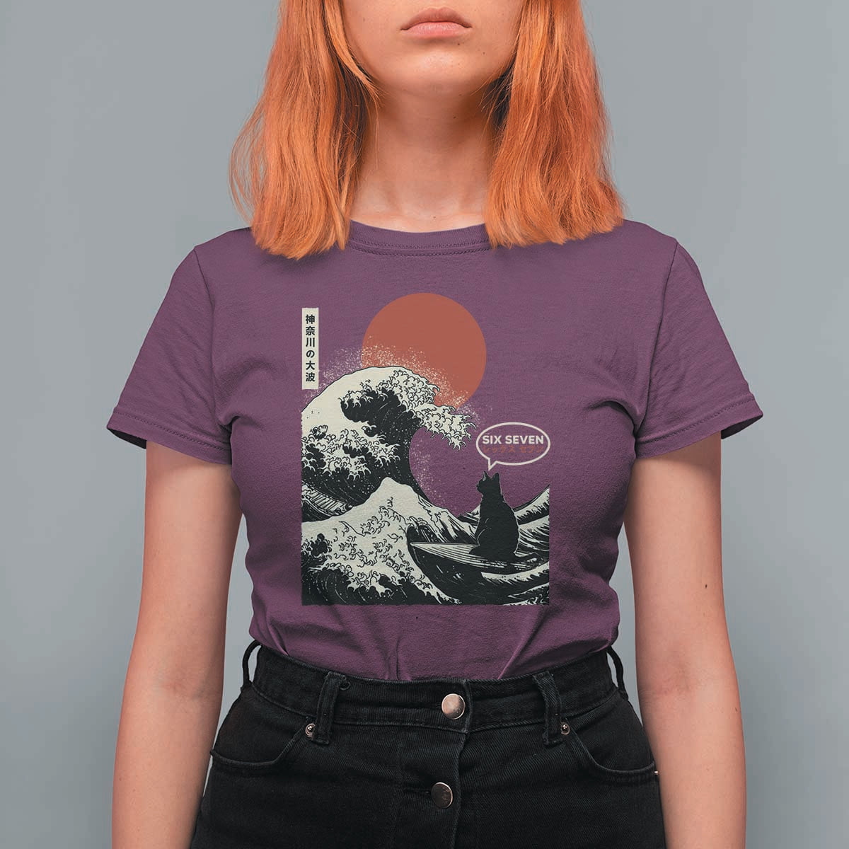 67 Six Seven Bruh Meme T Shirt For Women Funny Japanese Black Cat Surfing The Great Wave Kanagawa - Wonder Print Shop