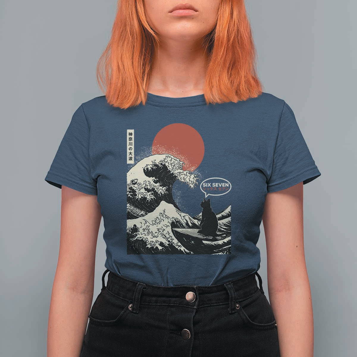 67 Six Seven Bruh Meme T Shirt For Women Funny Japanese Black Cat Surfing The Great Wave Kanagawa - Wonder Print Shop