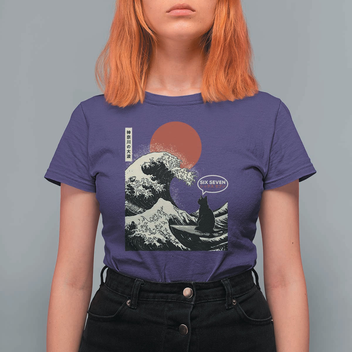 67 Six Seven Bruh Meme T Shirt For Women Funny Japanese Black Cat Surfing The Great Wave Kanagawa - Wonder Print Shop