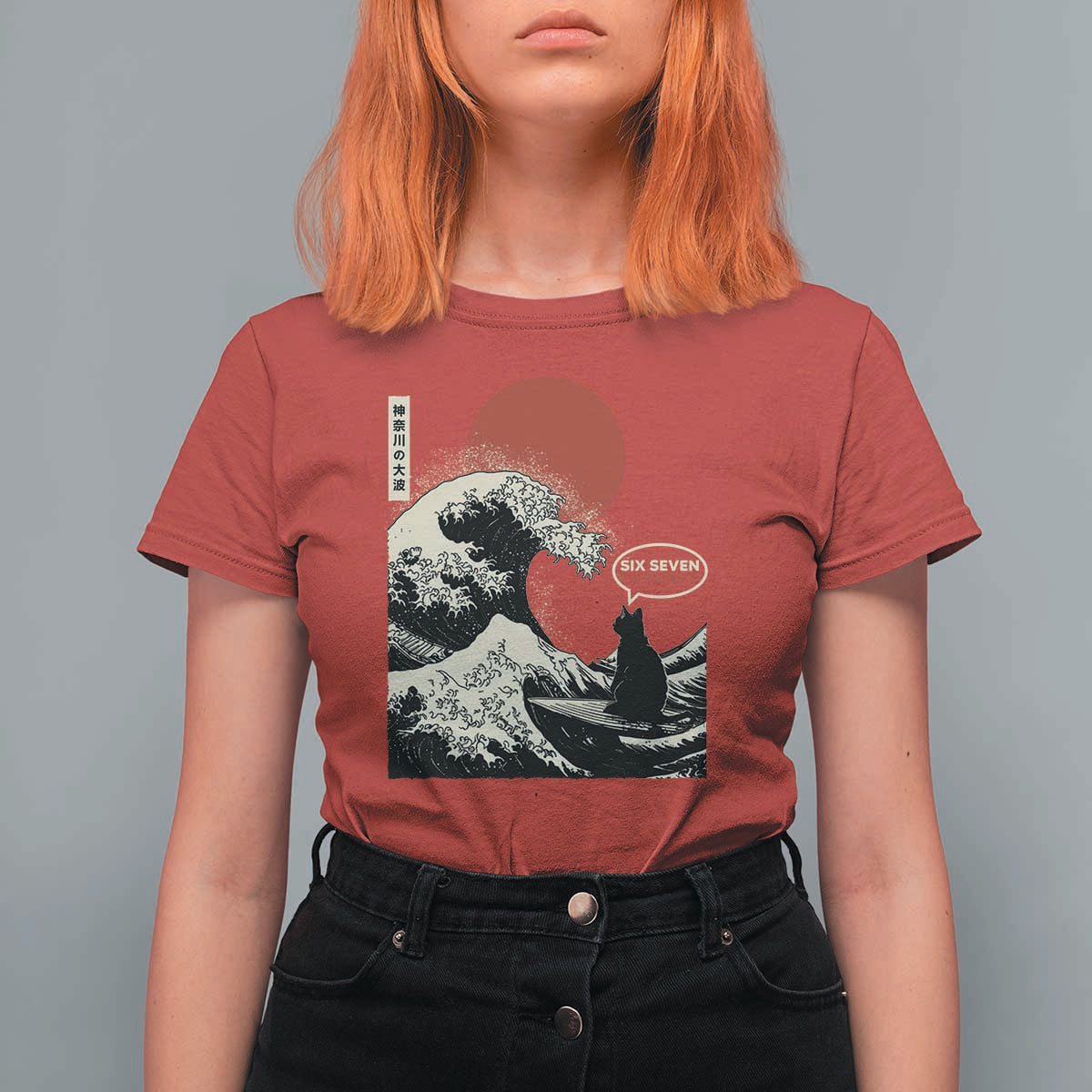 67 Six Seven Bruh Meme T Shirt For Women Funny Japanese Black Cat Surfing The Great Wave Kanagawa - Wonder Print Shop