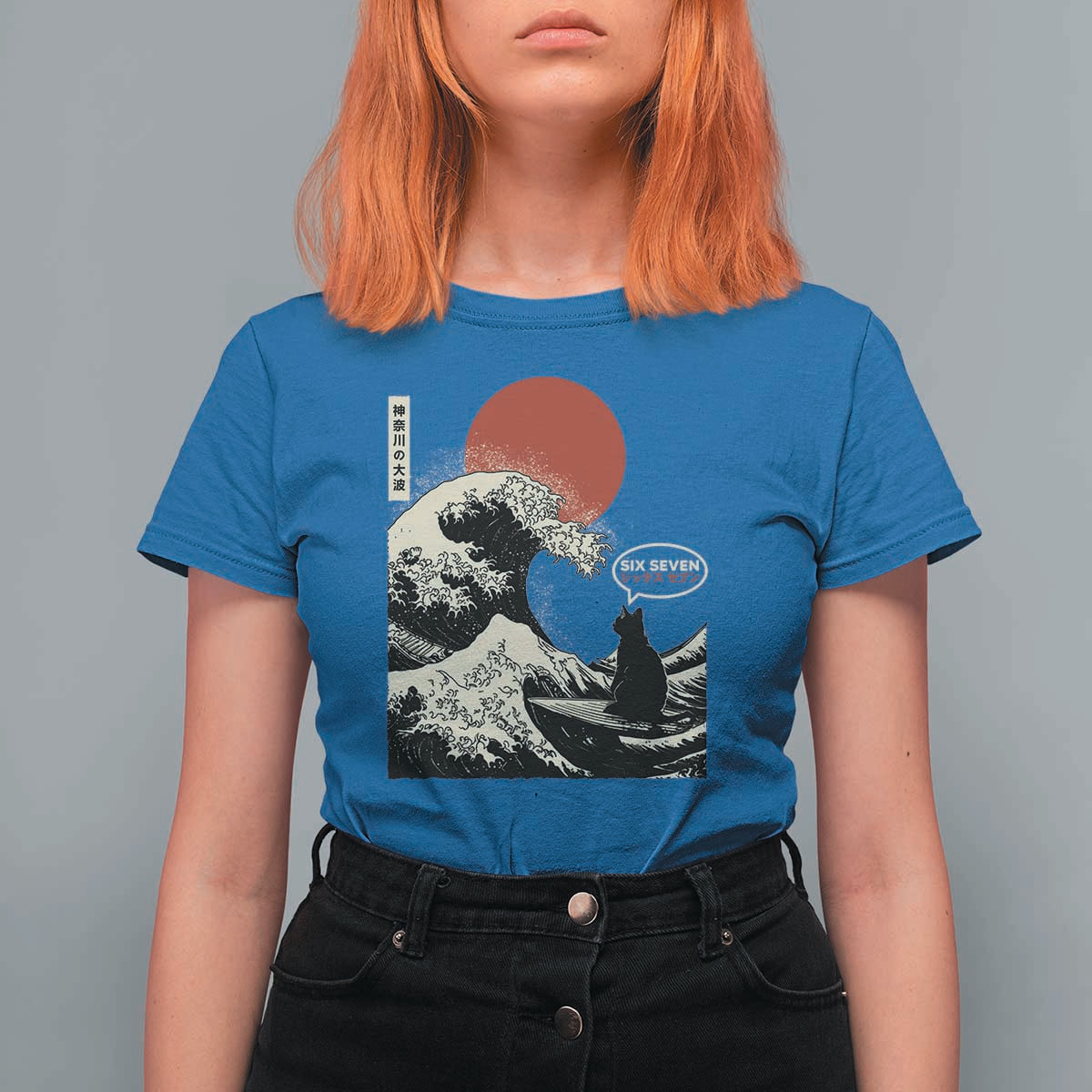 67 Six Seven Bruh Meme T Shirt For Women Funny Japanese Black Cat Surfing The Great Wave Kanagawa - Wonder Print Shop
