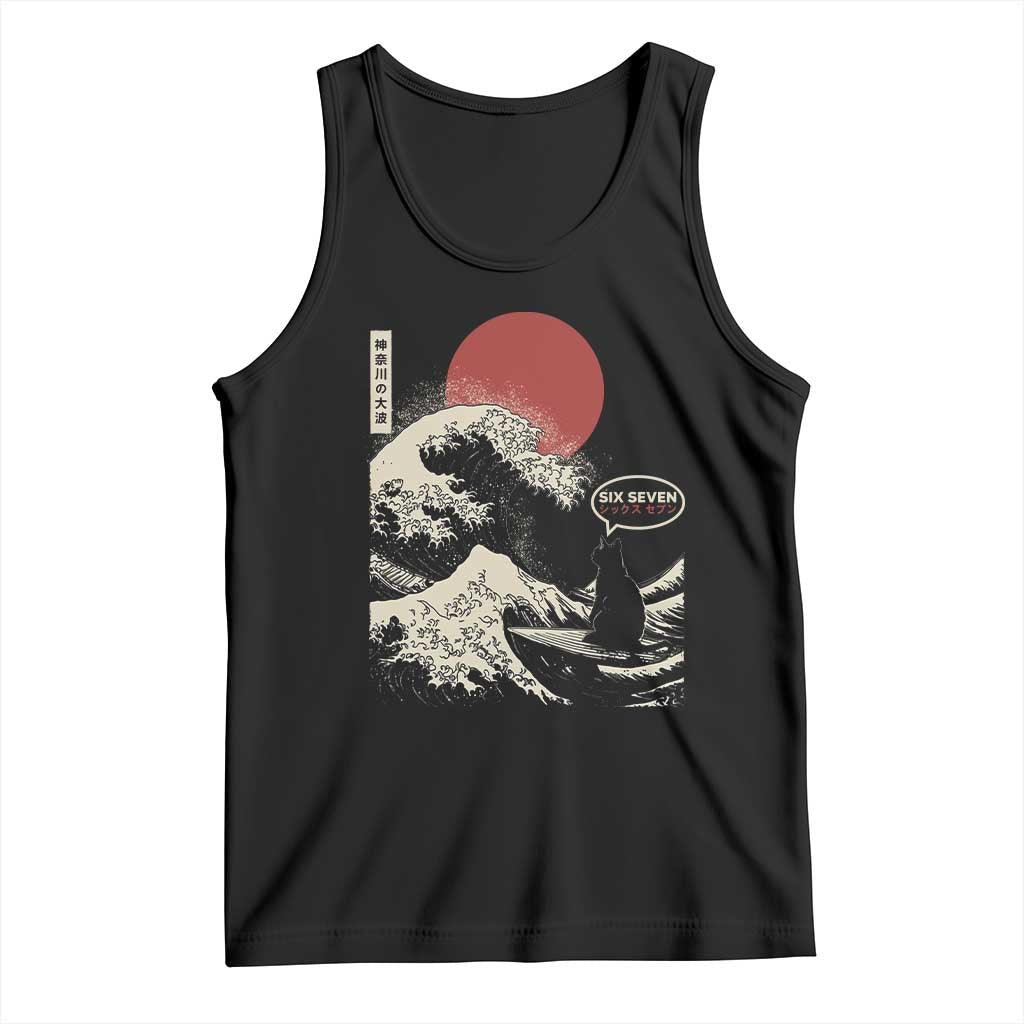 67 Six Seven Bruh Meme Tank Top Funny Japanese Black Cat Surfing The Great Wave Kanagawa - Wonder Print Shop