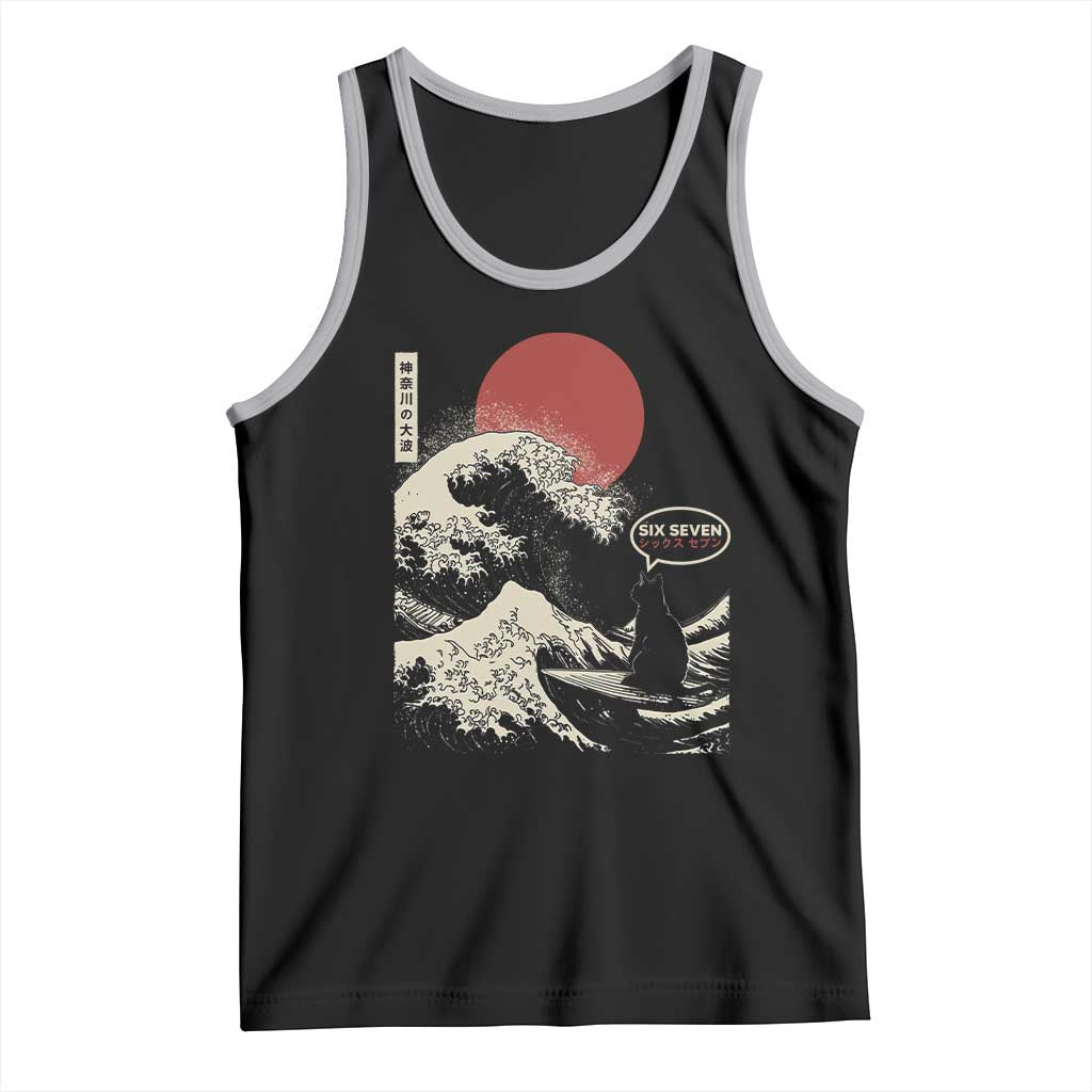 67 Six Seven Bruh Meme Tank Top Funny Japanese Black Cat Surfing The Great Wave Kanagawa - Wonder Print Shop
