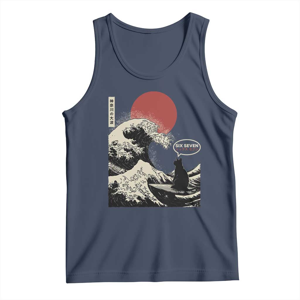 67 Six Seven Bruh Meme Tank Top Funny Japanese Black Cat Surfing The Great Wave Kanagawa - Wonder Print Shop