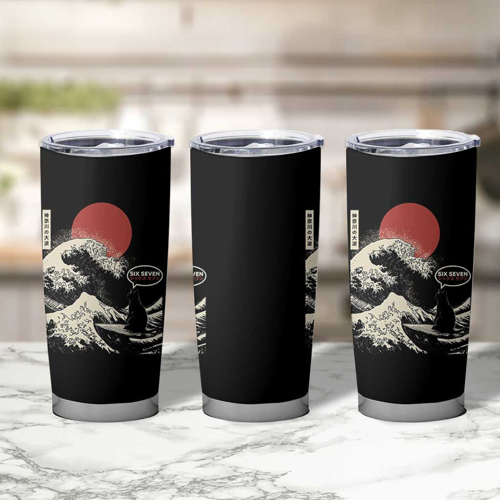 67 Six Seven Bruh Meme Tumbler Cup Funny Japanese Black Cat Surfing The Great Wave Kanagawa - Wonder Print Shop