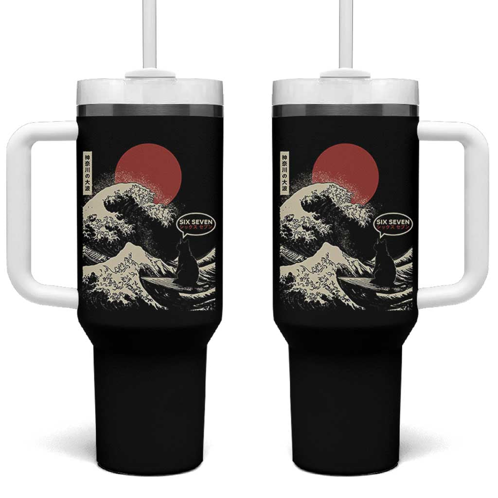67 Six Seven Bruh Meme Tumbler With Handle Funny Japanese Black Cat Surfing The Great Wave Kanagawa - Wonder Print Shop