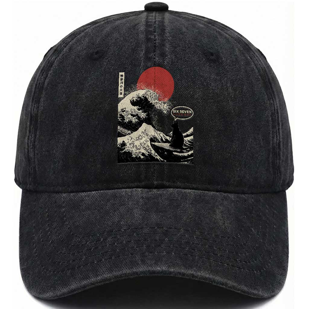 67 Six Seven Bruh Meme Washed Cotton Baseball Cap Funny Japanese Black Cat Surfing The Great Wave Kanagawa