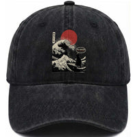 67 Six Seven Bruh Meme Washed Cotton Baseball Cap Funny Japanese Black Cat Surfing The Great Wave Kanagawa