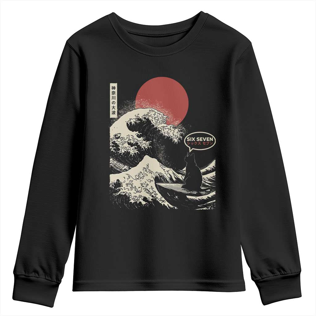67 Six Seven Bruh Meme Youth Sweatshirt Funny Japanese Black Cat Surfing The Great Wave Kanagawa - Wonder Print Shop