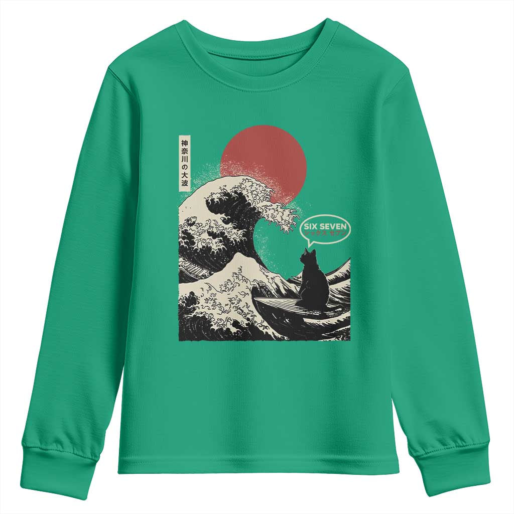 67 Six Seven Bruh Meme Youth Sweatshirt Funny Japanese Black Cat Surfing The Great Wave Kanagawa - Wonder Print Shop