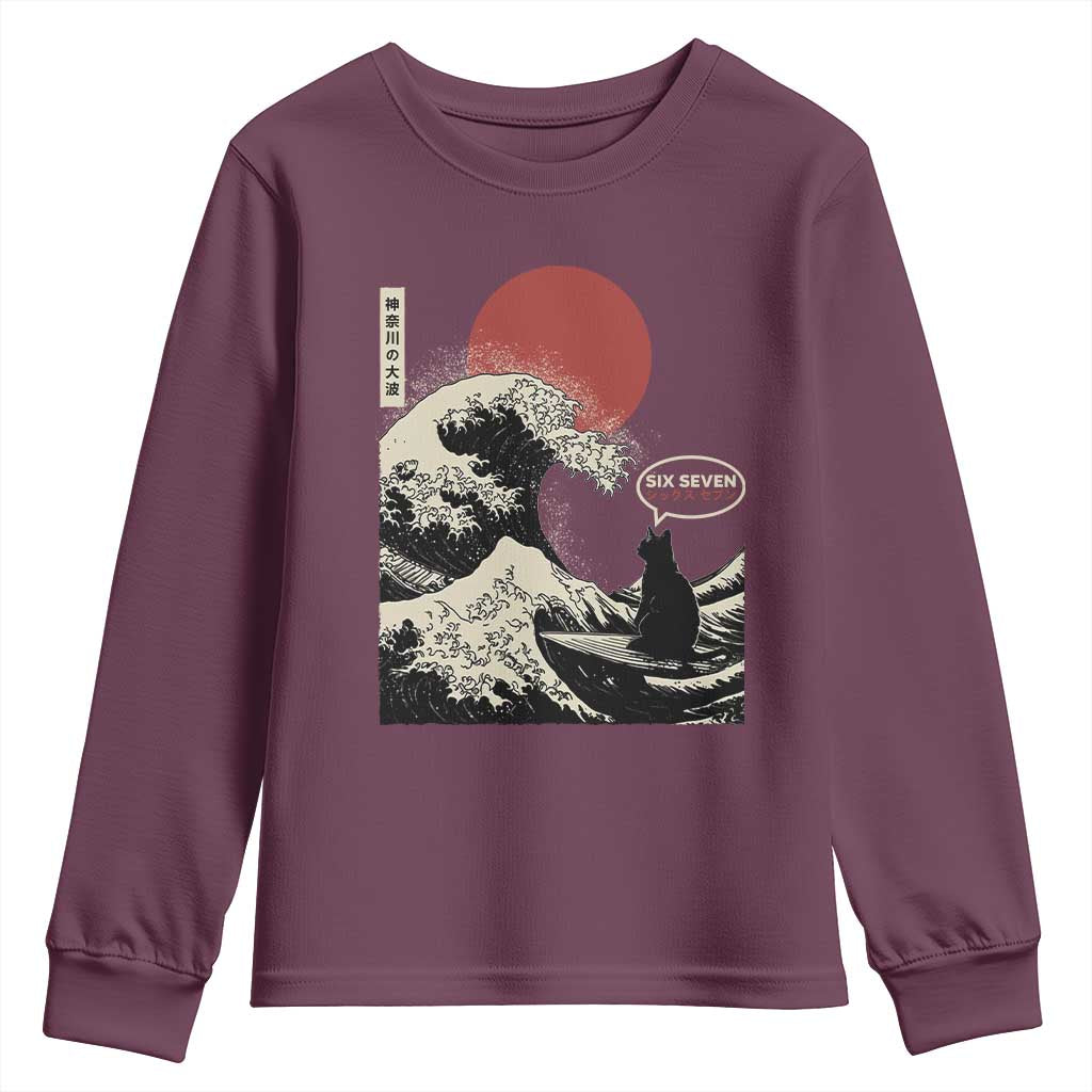 67 Six Seven Bruh Meme Youth Sweatshirt Funny Japanese Black Cat Surfing The Great Wave Kanagawa - Wonder Print Shop