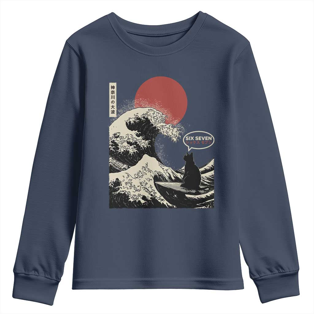 67 Six Seven Bruh Meme Youth Sweatshirt Funny Japanese Black Cat Surfing The Great Wave Kanagawa - Wonder Print Shop