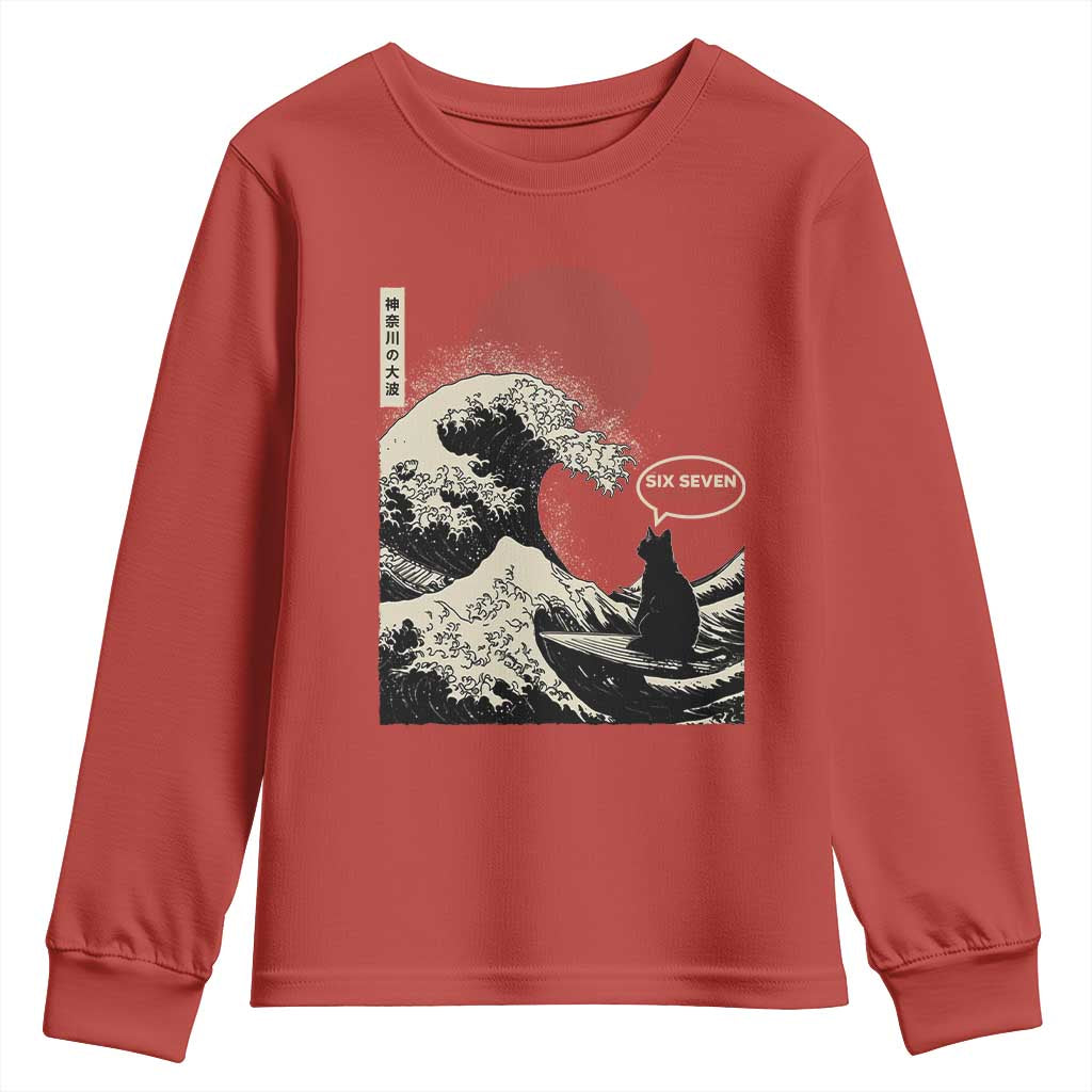 67 Six Seven Bruh Meme Youth Sweatshirt Funny Japanese Black Cat Surfing The Great Wave Kanagawa - Wonder Print Shop