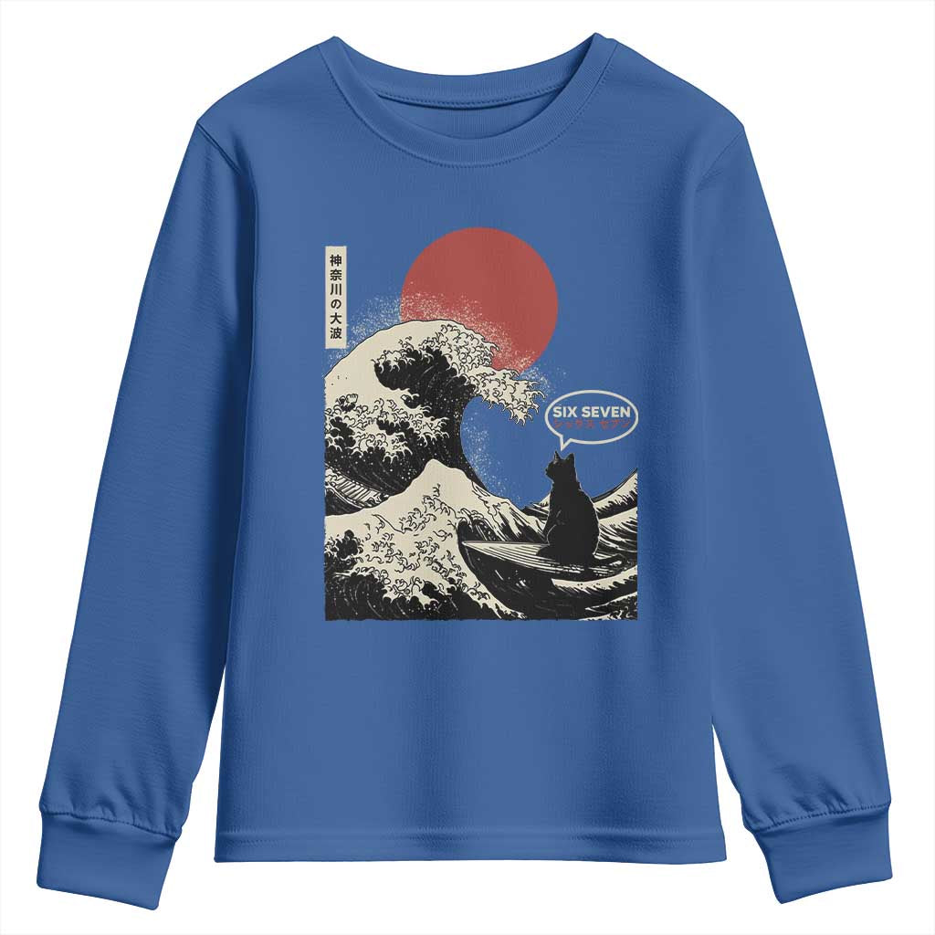 67 Six Seven Bruh Meme Youth Sweatshirt Funny Japanese Black Cat Surfing The Great Wave Kanagawa - Wonder Print Shop