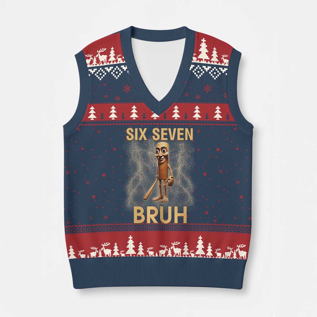 67 Bruh Meme V-Neck Knit Sweater Vest Funny Six Seven Tung Tung Sahur - Wonder Print Shop