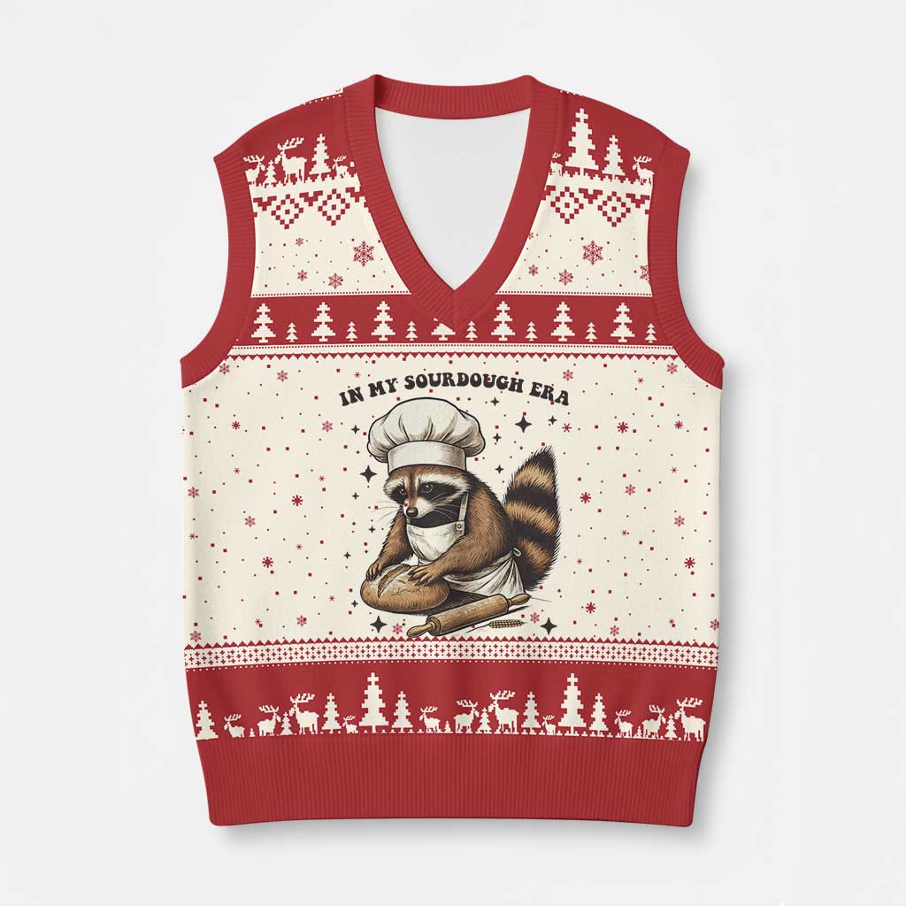 In My Sourdough Era V-Neck Knit Sweater Vest Funny Raccoon Baker - Wonder Print Shop