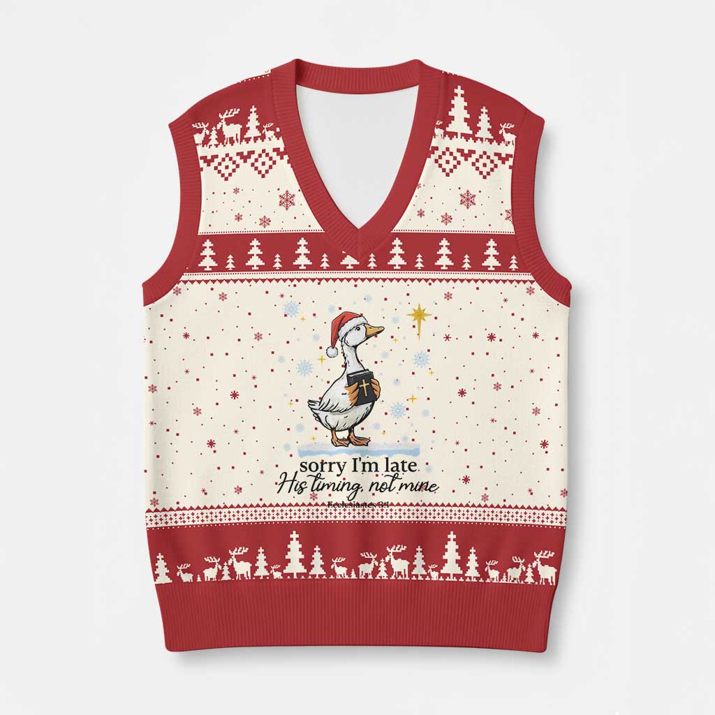 Christian Goose V-Neck Knit Sweater Vest Sorry I Am Late His Timing Not Mine - Wonder Print Shop