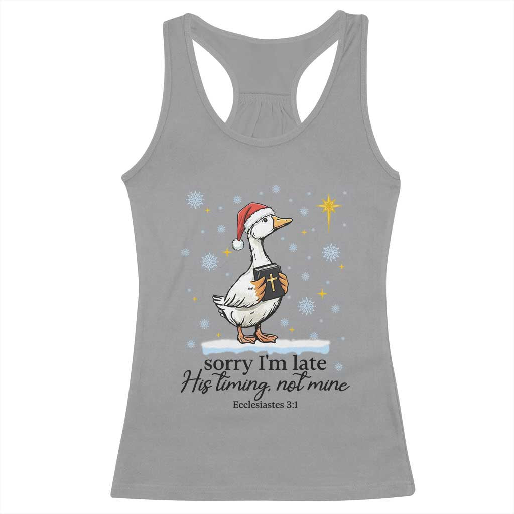 Christian Goose Racerback Tank Top Sorry I Am Late His Timing Not Mine - Wonder Print Shop