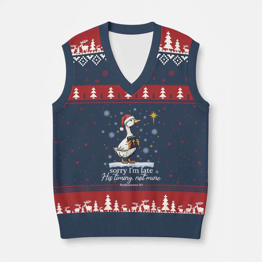 Christian Silly Goose V-Neck Knit Sweater Vest Sorry I Am Late His Timing Not Mine - Wonder Print Shop