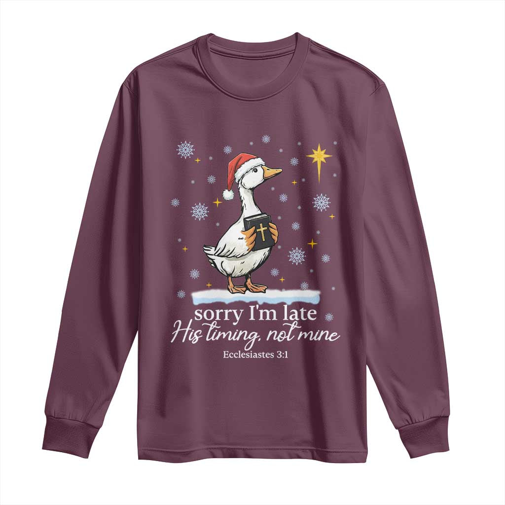 Christian Silly Goose Long Sleeve Shirt Sorry I Am Late His Timing Not Mine - Wonder Print Shop