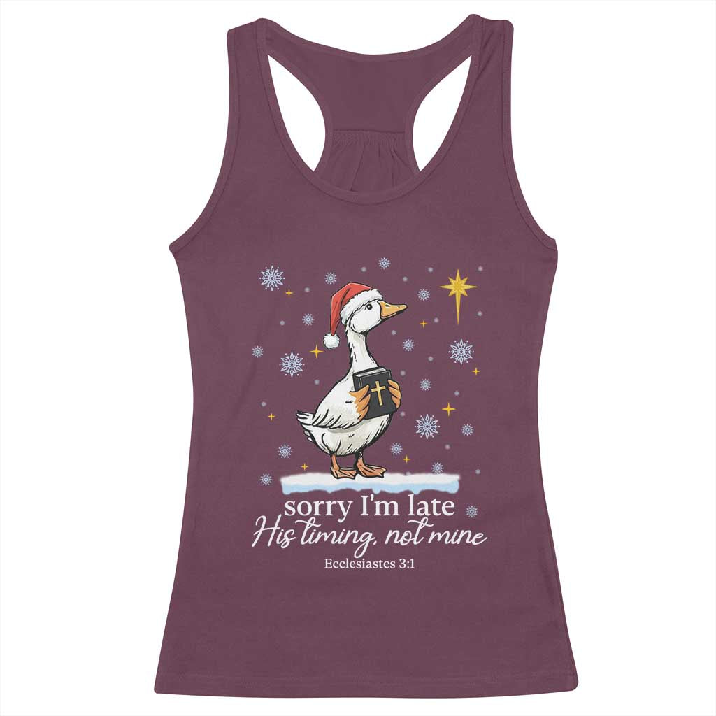 Christian Silly Goose Racerback Tank Top Sorry I Am Late His Timing Not Mine - Wonder Print Shop