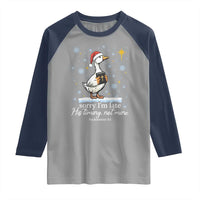 Christian Silly Goose Raglan Shirt Sorry I Am Late His Timing Not Mine - Wonder Print Shop
