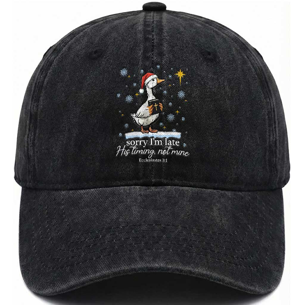 Christian Silly Goose Washed Cotton Baseball Cap Sorry I Am Late His Timing Not Mine