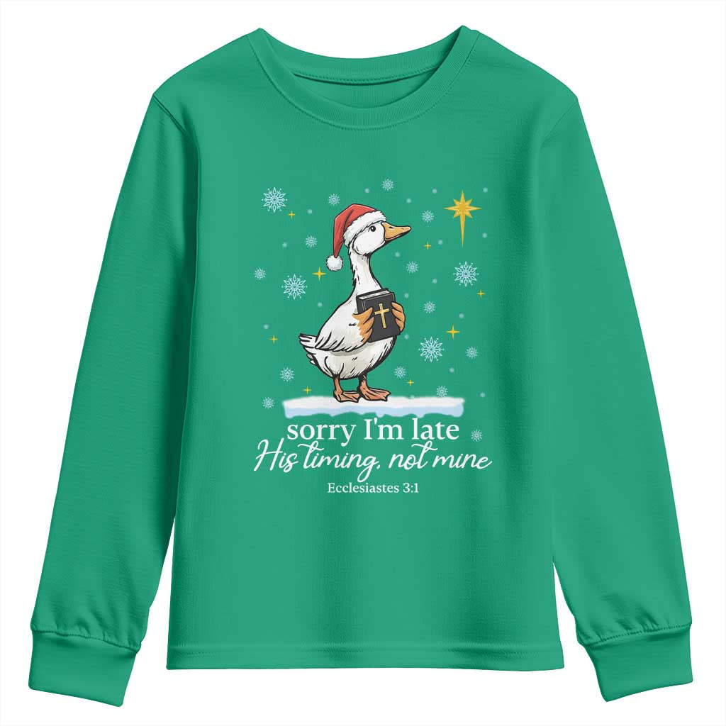 Christian Silly Goose Youth Sweatshirt Sorry I Am Late His Timing Not Mine - Wonder Print Shop