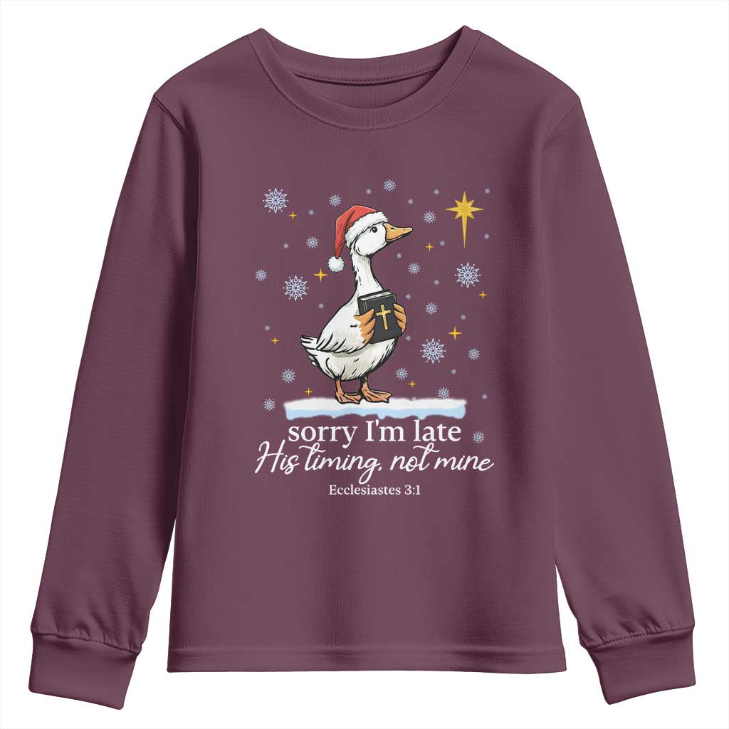 Christian Silly Goose Youth Sweatshirt Sorry I Am Late His Timing Not Mine - Wonder Print Shop