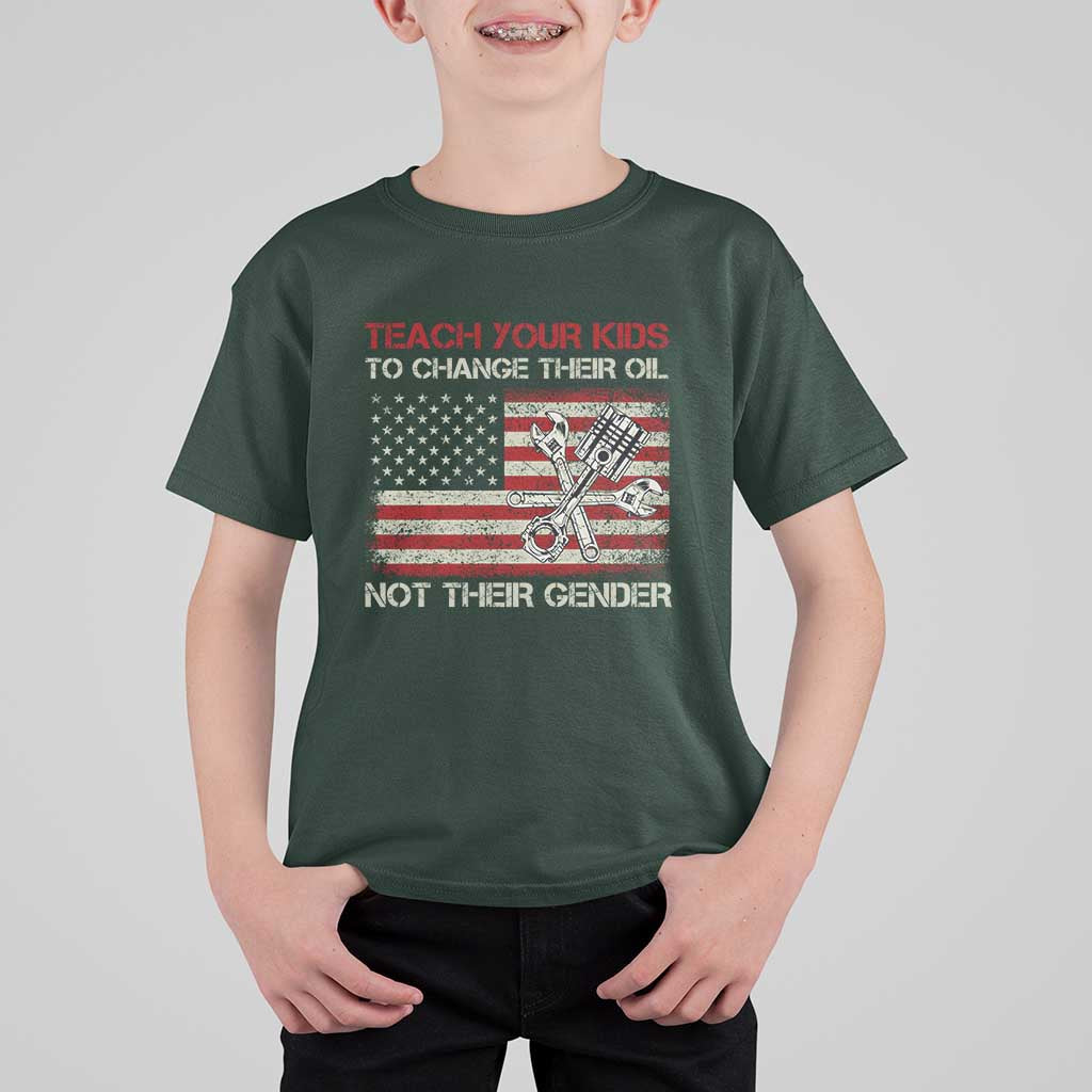 Teach Your Kids To Change Their Oil Not Their Gender T Shirt For Kid Mechanic Flag American Patriotic Flag Funny Mechanic Dad Political Satire Humor - Wonder Print Shop