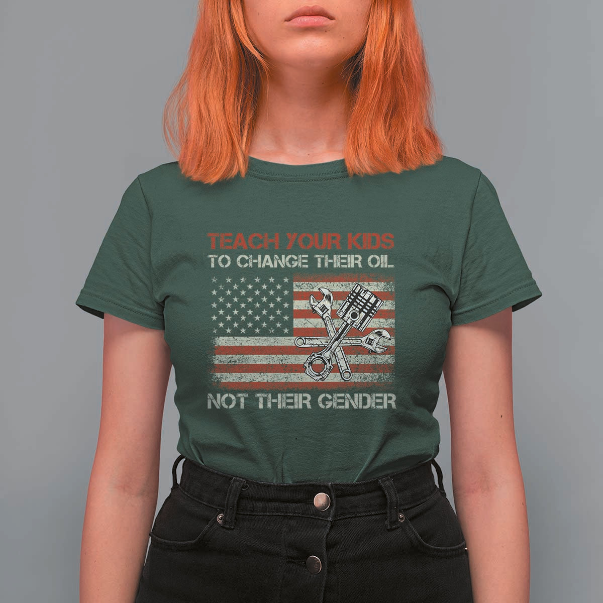 Teach Your Kids To Change Their Oil Not Their Gender T Shirt For Women Mechanic Flag American Patriotic Flag Funny Mechanic Dad Political Satire Humor - Wonder Print Shop