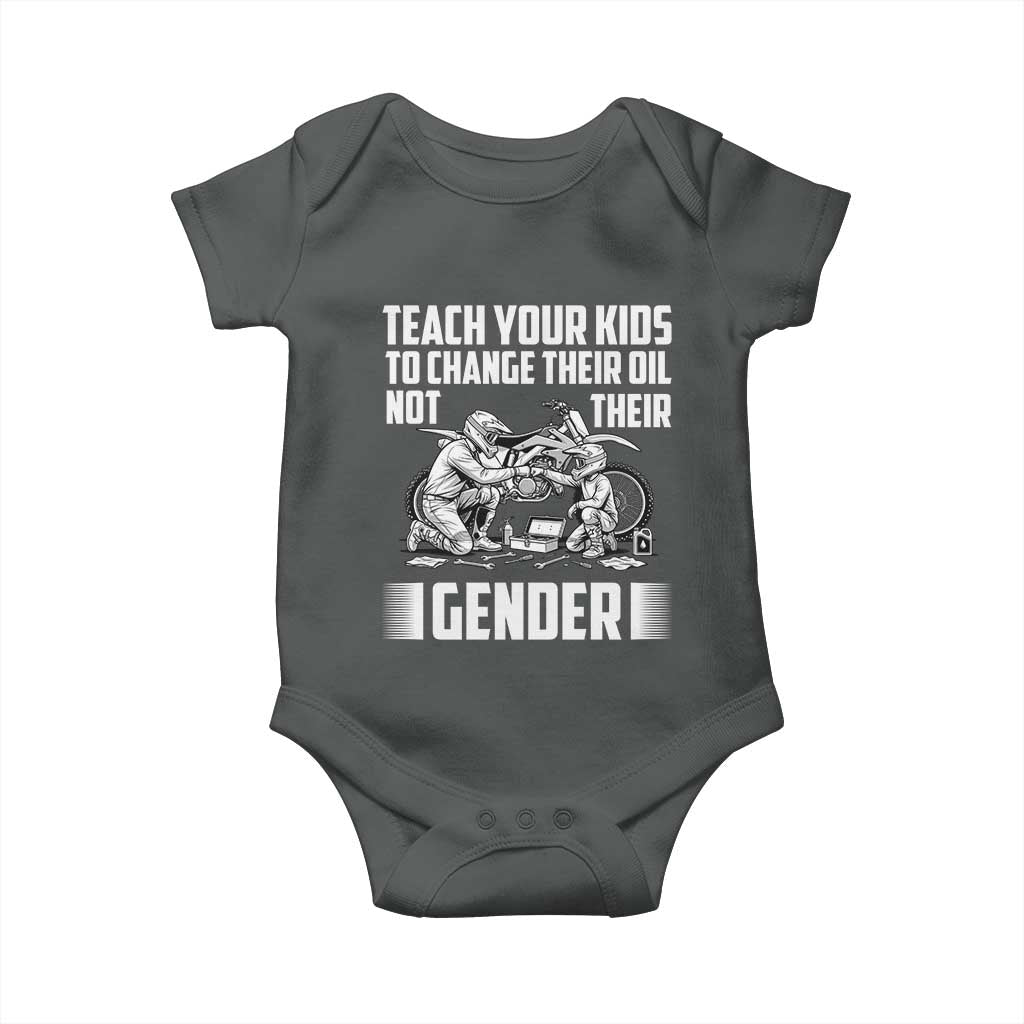 Teach Your Kids To Change Their Oil Not Their Gender Baby Onesie Political Satire - Wonder Print Shop