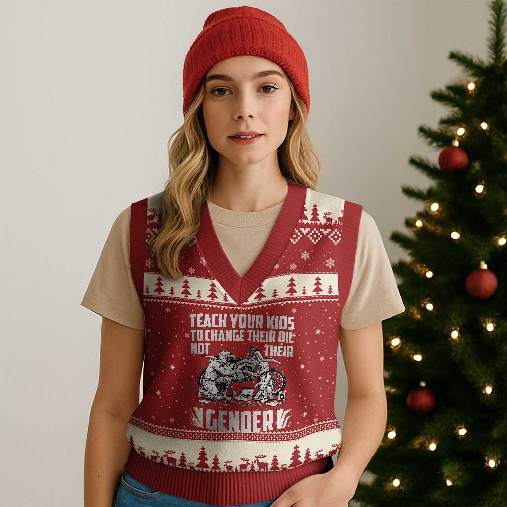 Teach Your Kids To Change Their Oil Not Their Gender V-Neck Knit Sweater Vest Political Satire - Wonder Print Shop