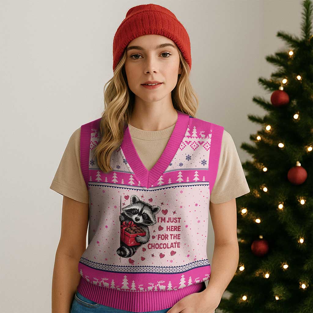Valentine Racoon Trash Panda V-Neck Knit Sweater Vest I'm Just Here For The Chocolate