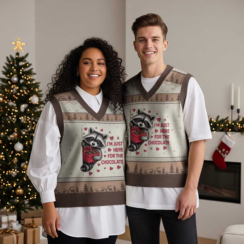 Valentine Racoon Trash Panda V-Neck Knit Sweater Vest I'm Just Here For The Chocolate