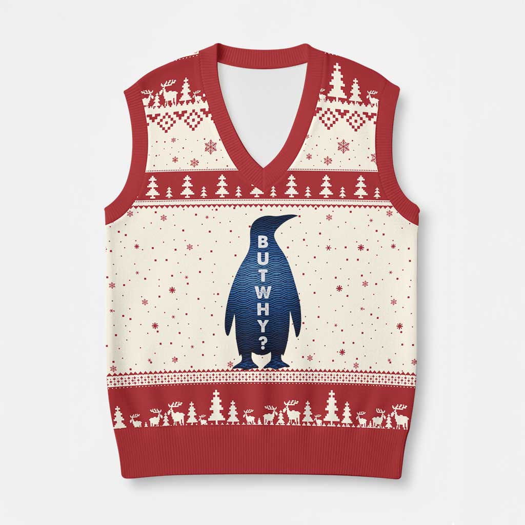 But Why Penguin V-Neck Knit Sweater Vest Funny Nihilist Hiking Meme
