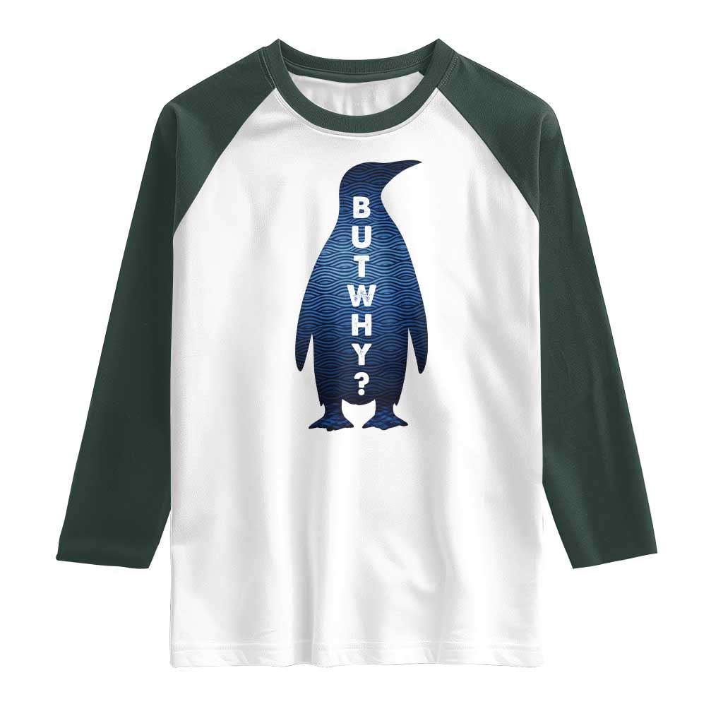 But Why Penguin Raglan Shirt Funny Nihilist Hiking Meme