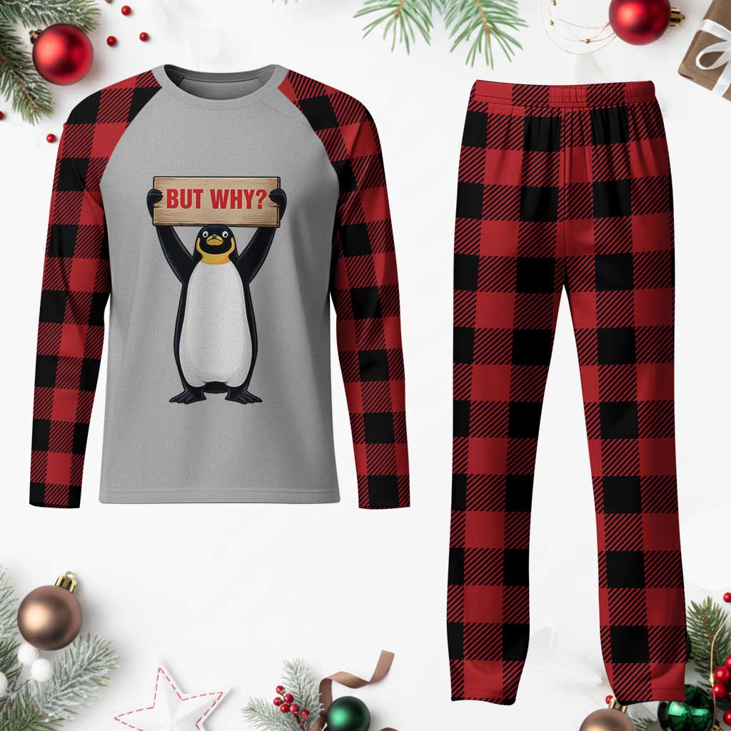 But Why Penguin Plaid Pajama Set Funny Nihilist Penguin Hiking Meme