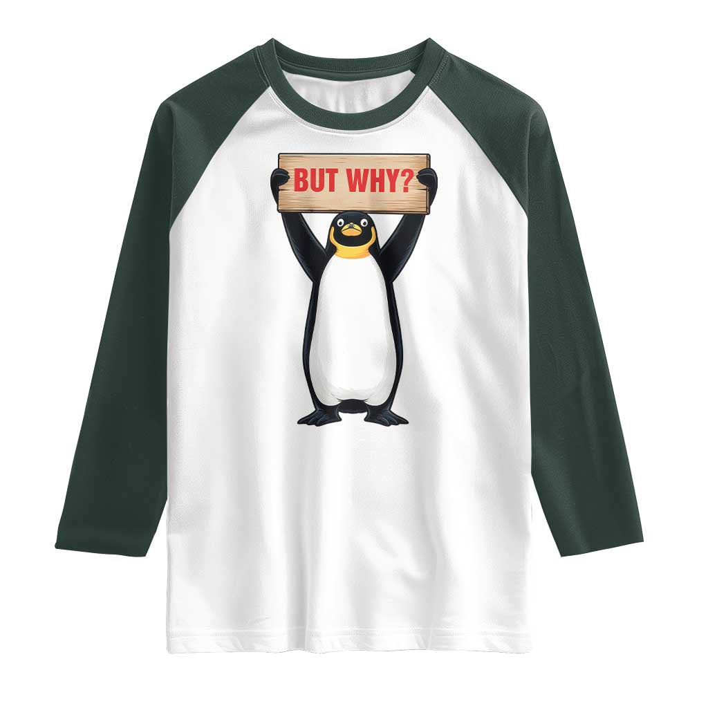 But Why Penguin Raglan Shirt Funny Nihilist Penguin Hiking Meme