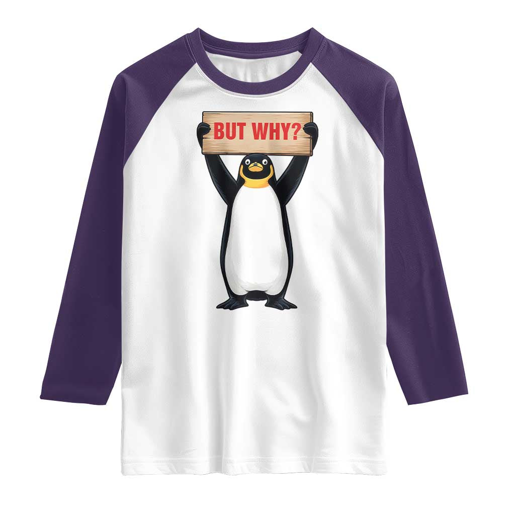 But Why Penguin Raglan Shirt Funny Nihilist Penguin Hiking Meme