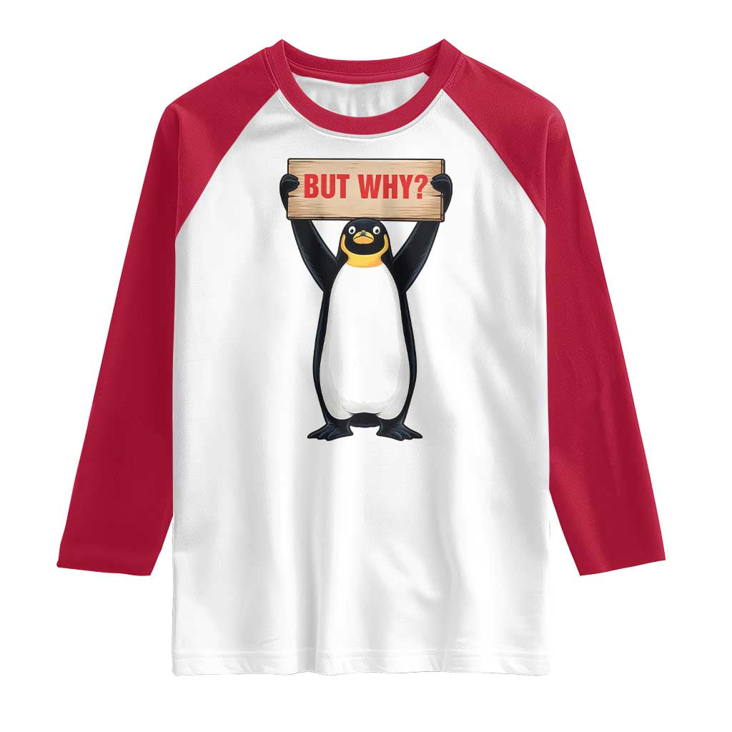 But Why Penguin Raglan Shirt Funny Nihilist Penguin Hiking Meme