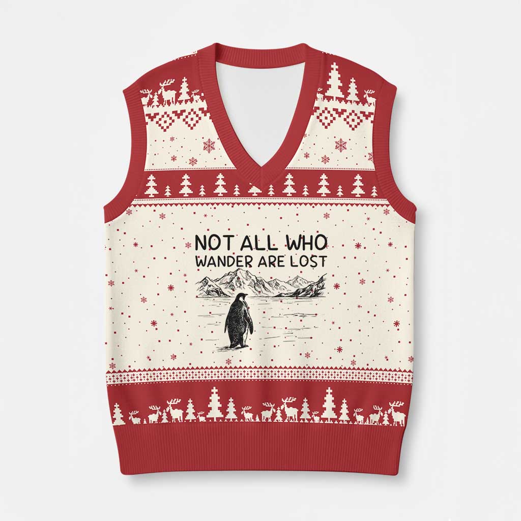 But Why Penguin V-Neck Knit Sweater Vest Not All Who Wander Are Lost