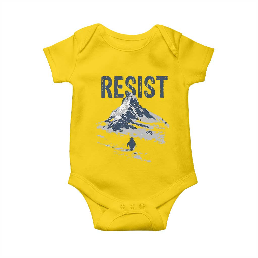 Funny Penguin Protest Baby Onesie Resist Penguin Mountain Hiking Meme