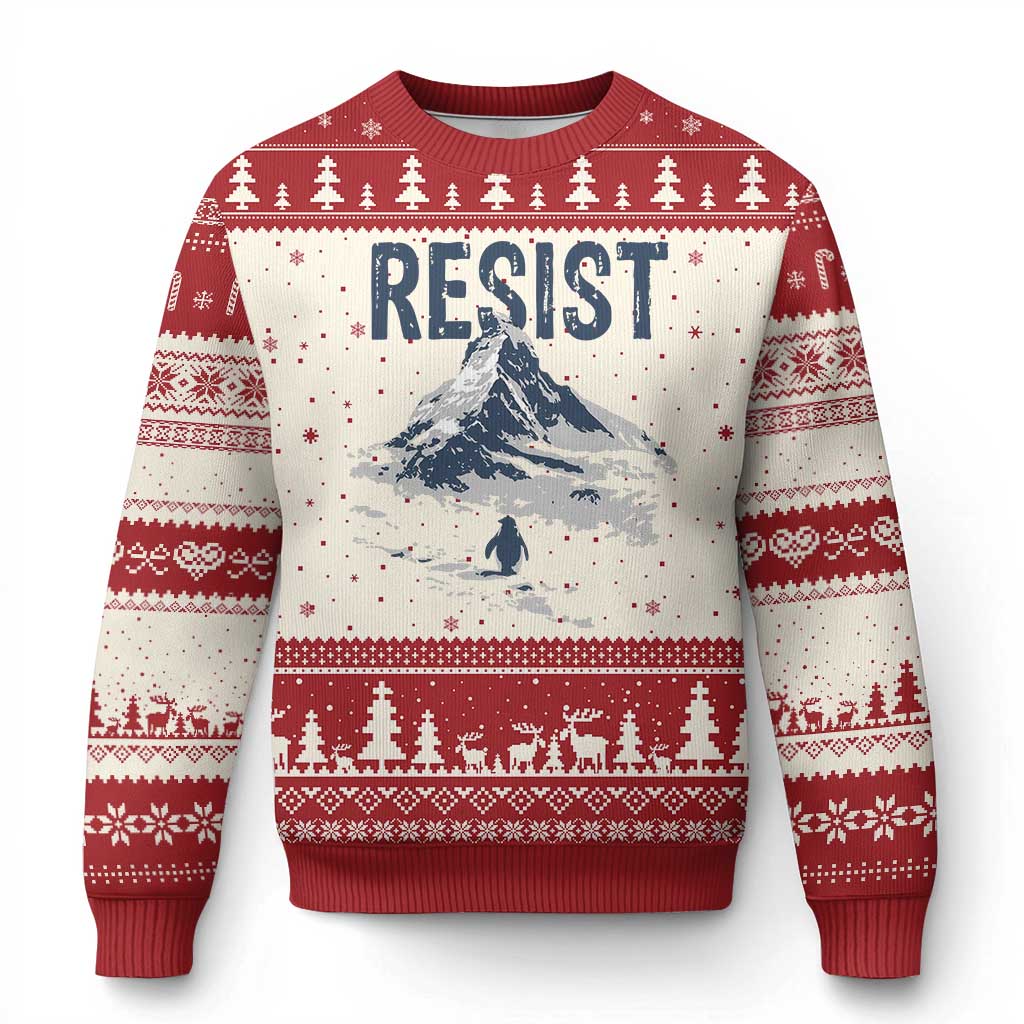 Funny Penguin Protest Ugly Christmas Sweater Resist Penguin Mountain Hiking Meme