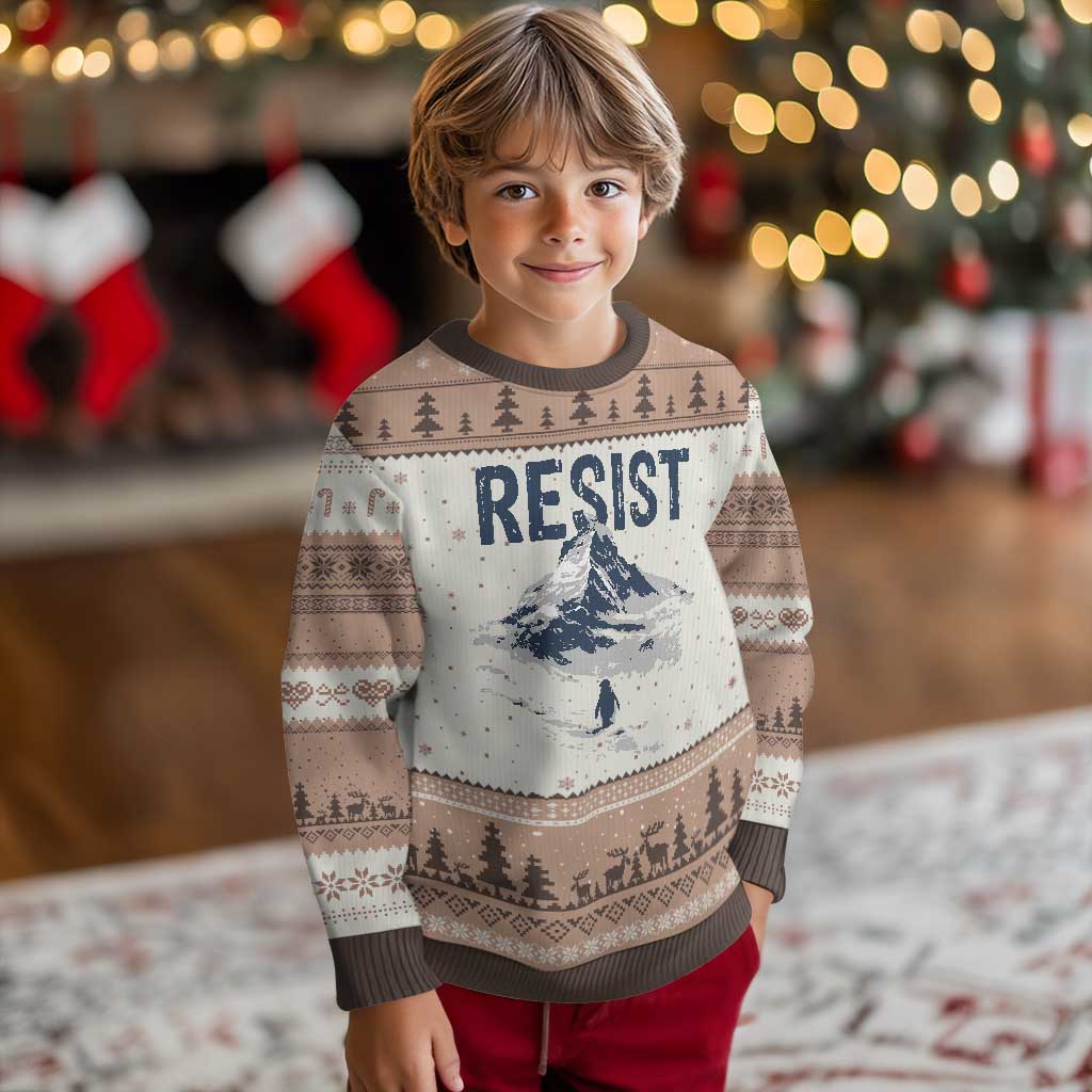 Funny Penguin Protest Ugly Christmas Sweater Resist Penguin Mountain Hiking Meme