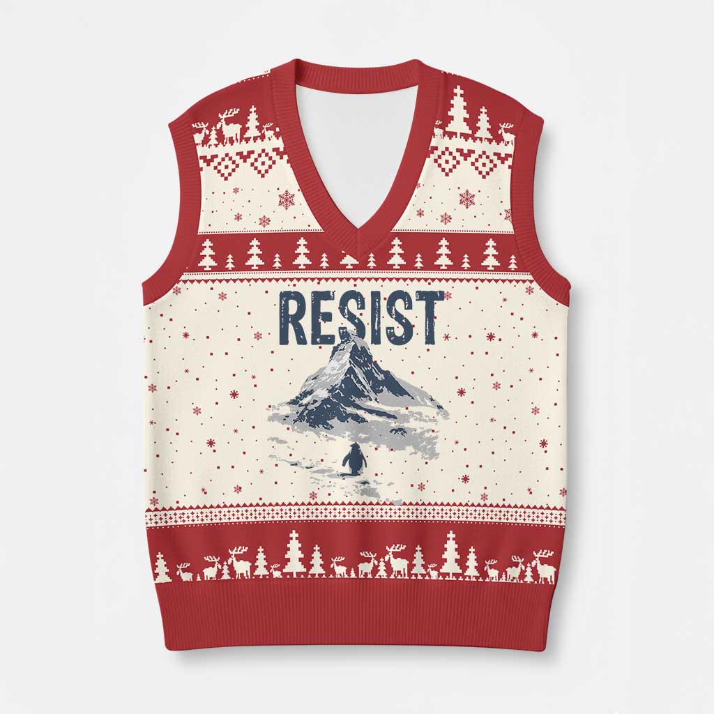 Funny Penguin Protest V-Neck Knit Sweater Vest Resist Penguin Mountain Hiking Meme