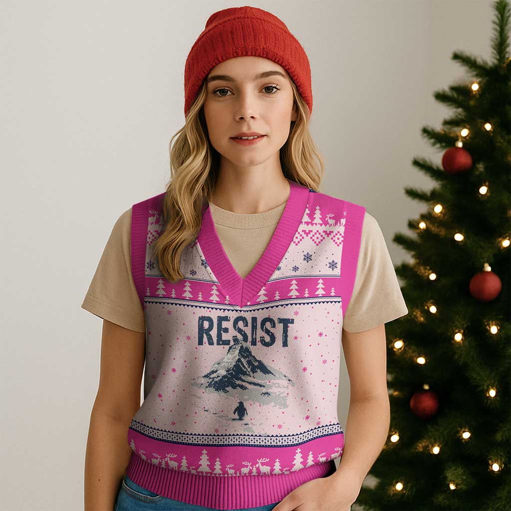 Funny Penguin Protest V-Neck Knit Sweater Vest Resist Penguin Mountain Hiking Meme
