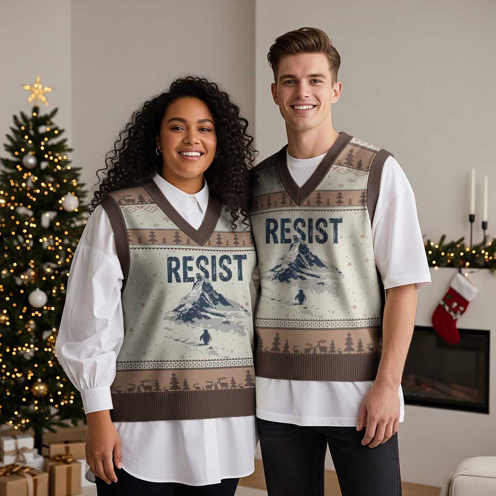 Funny Penguin Protest V-Neck Knit Sweater Vest Resist Penguin Mountain Hiking Meme