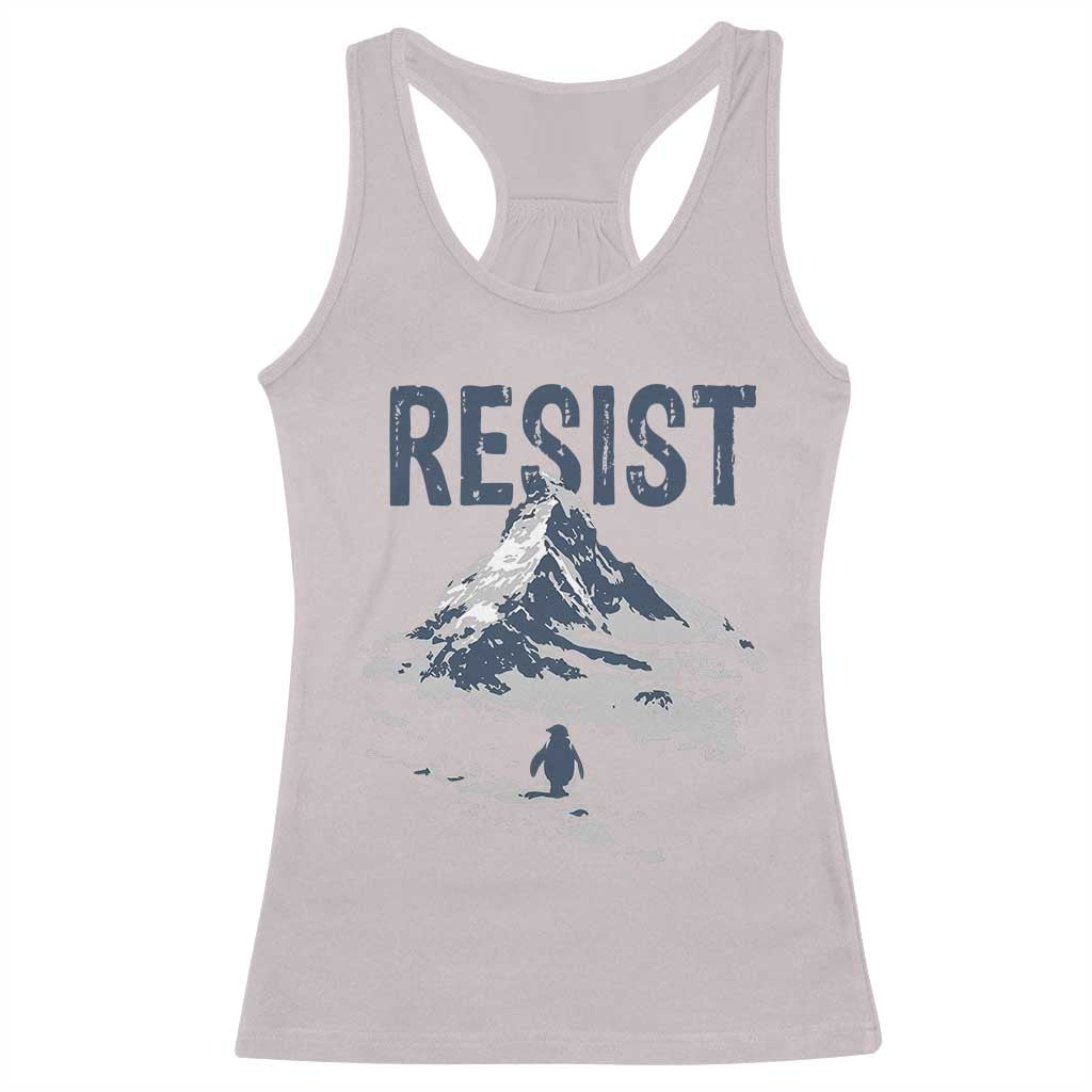 Funny Penguin Protest Racerback Tank Top Resist Penguin Mountain Hiking Meme