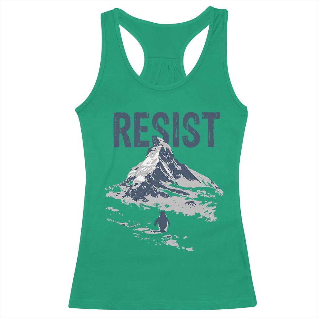 Funny Penguin Protest Racerback Tank Top Resist Penguin Mountain Hiking Meme
